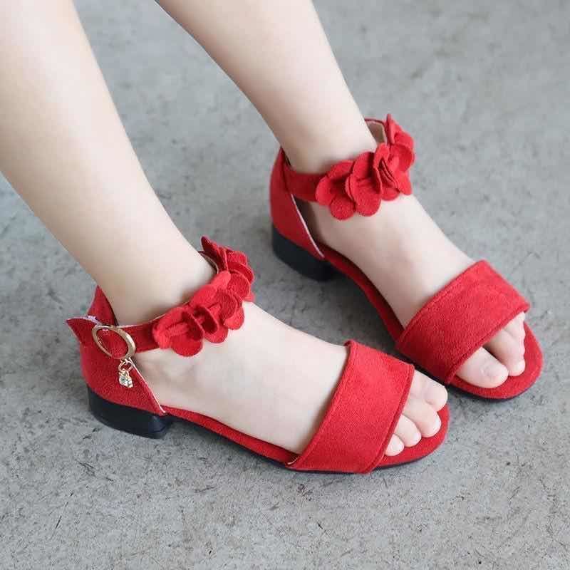 red suede girls sandals beach with floral ankle straps and a small gold charm designed for beach big princess style