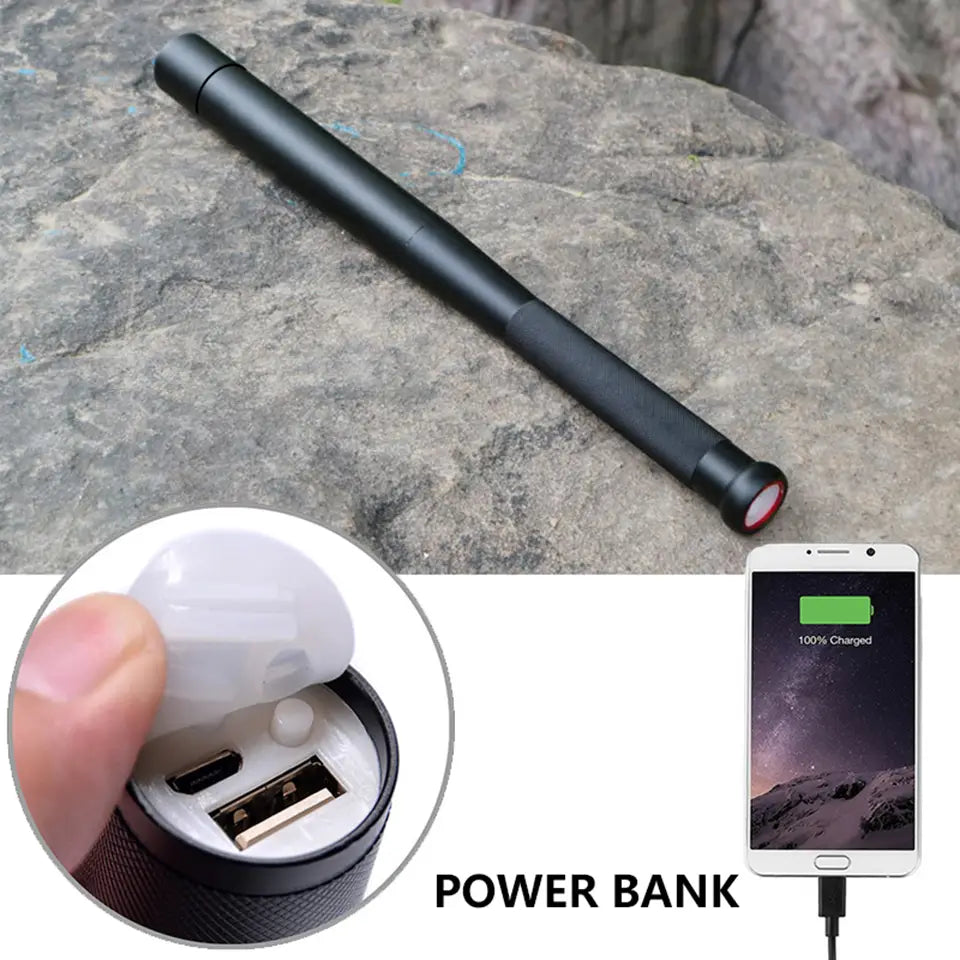 black cylindrical baseball bat powerbank led bulbs flashlight torch with integrated usb power bank, textured grip, and red accent ring at the tip.