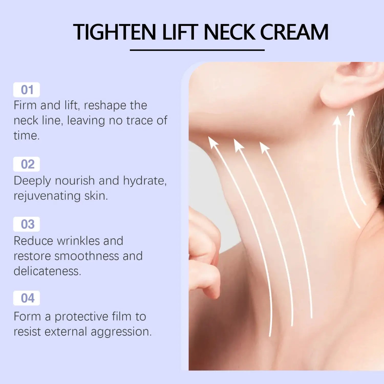 tighten lift anti-aging neck cream smoothing fine lines in a white jar designed to firm and hydrate the neck line with nourishing ingredients.