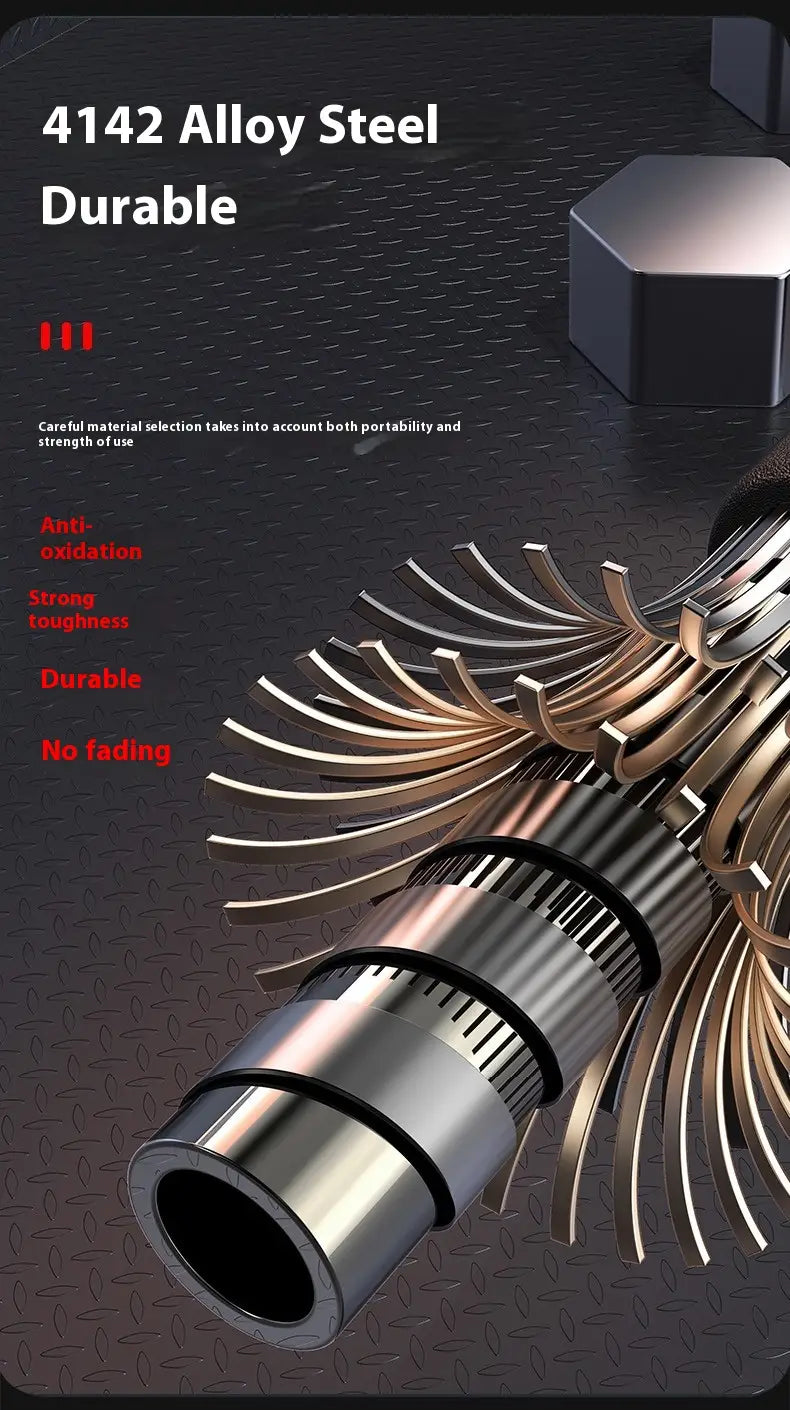 shiny metallic 4142 alloy steel gear assembly with a polished reflective finish and intricate toothed design for an automatic spring silver self-defense baton incorporating aluminium alloy components