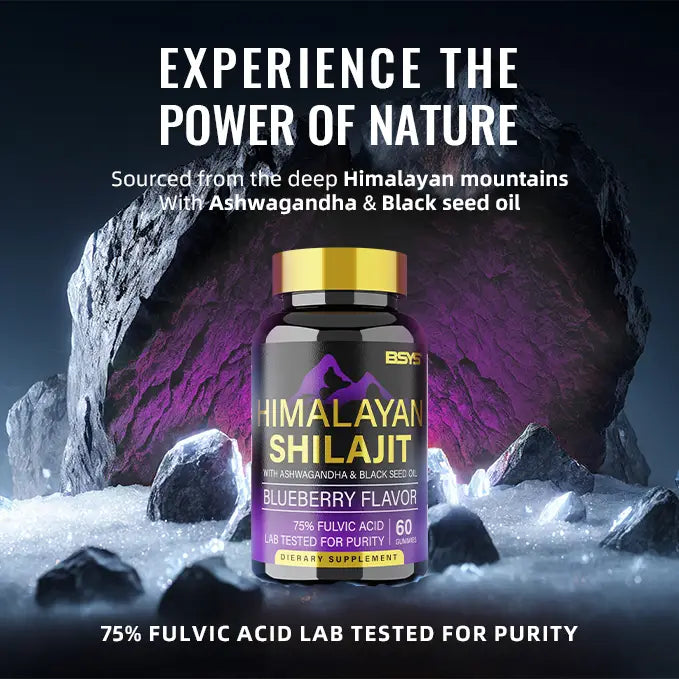 a dark amber bottle with a gold cap and purple label containing bsy’s blueberry flavored himalayan shilajit gummies 60 count dietary supplement for wellness use featuring bsys shilajit gummies.