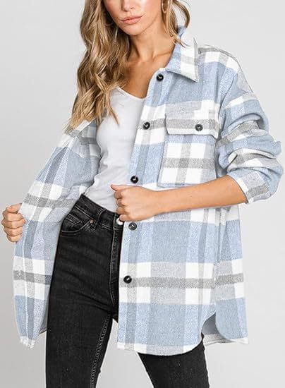Light blue and white plaid buckle long sleeve women’s flannel jacket with black buttons.