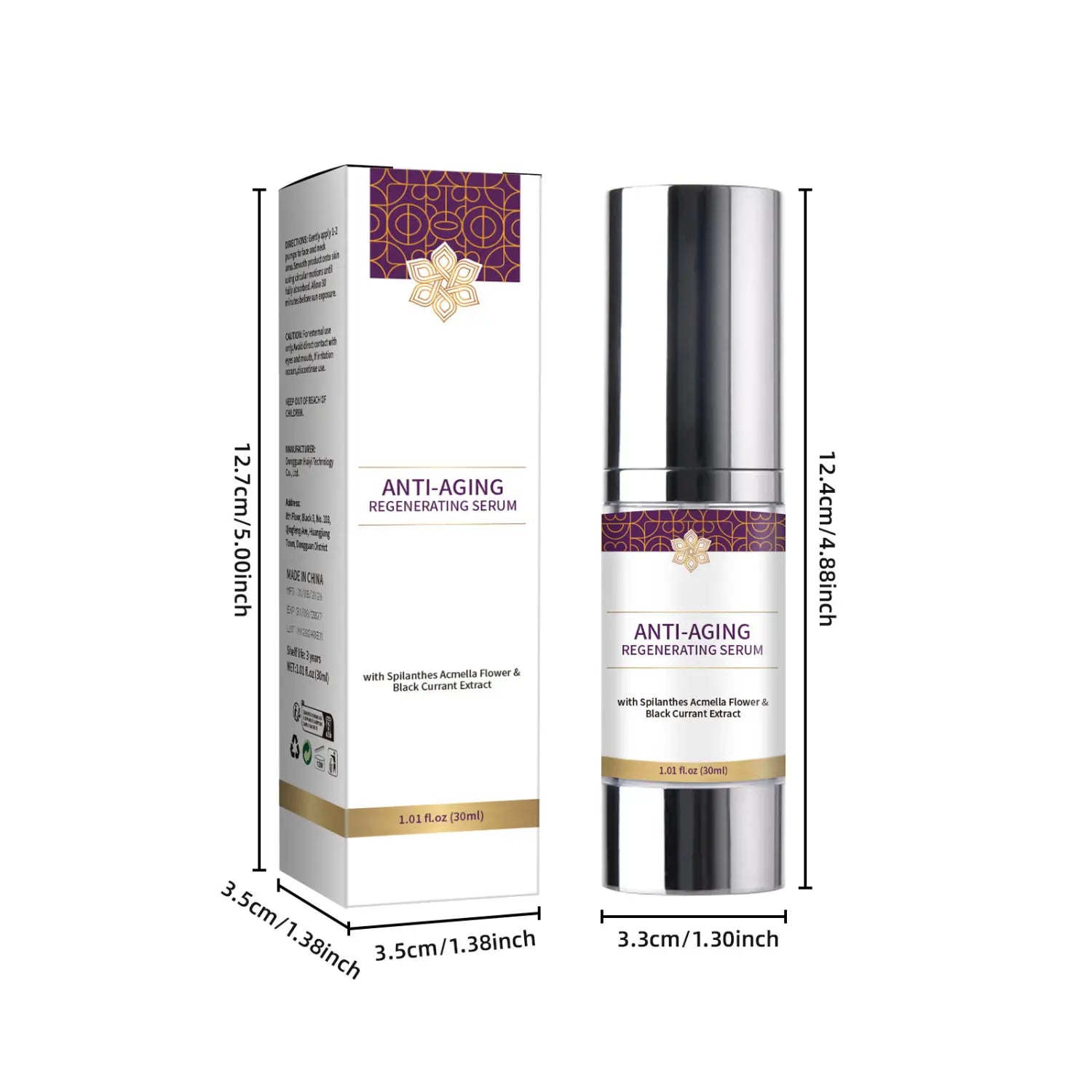 Silver-toned anti-aging wrinkle hydrating care serum bottle with purple and gold decorative band displayed alongside its matching white packaging labeled as hydrating care solution.