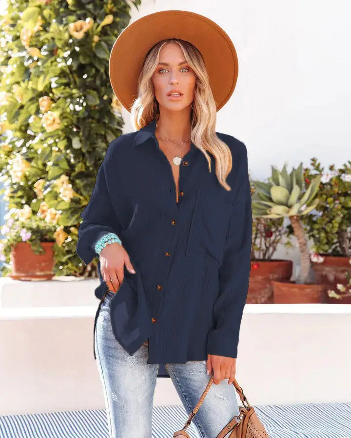 Navy dropped shoulder bat shirt casual long sleeve in navy blue with a relaxed fit and subtle sheen designed for comfort and style.