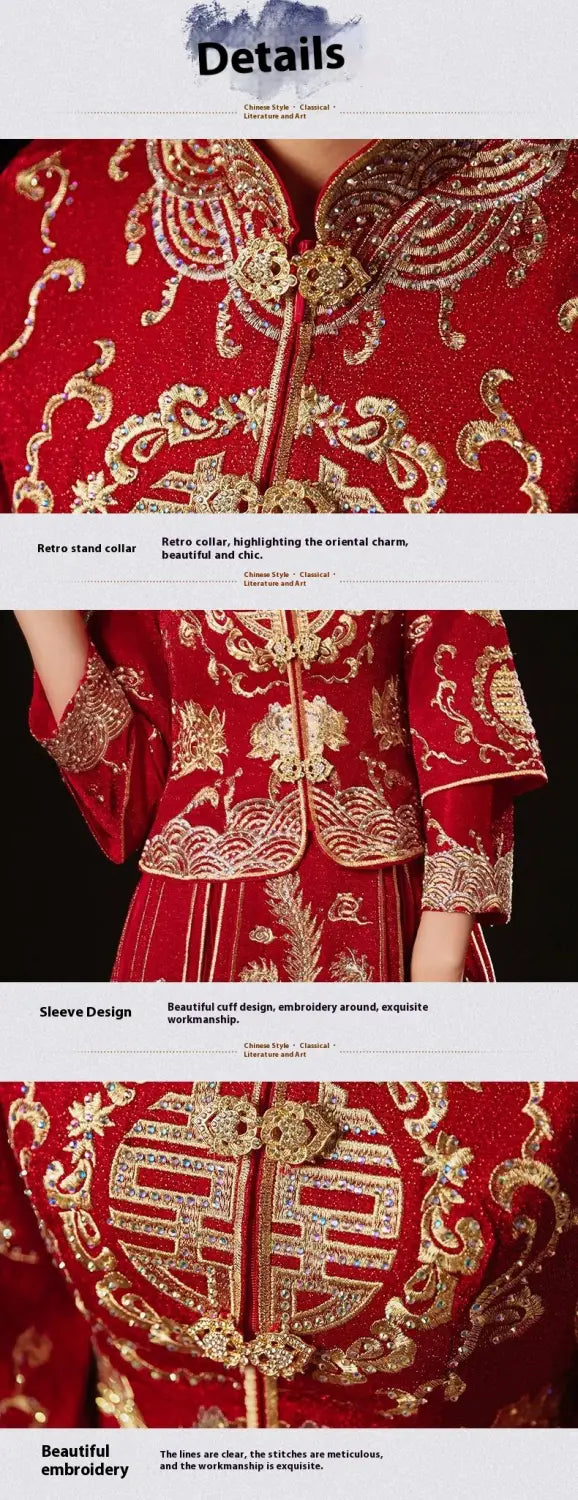 plus size red dragon embroidery slimming toast dress featuring a red chinese wedding gown with intricate gold embroidery and a stand collar for bridal slimming toast occasions