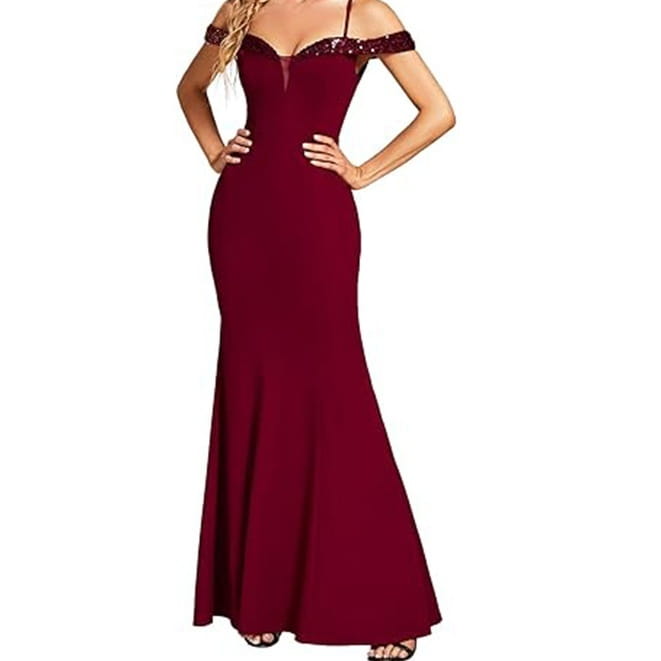 A deep burgundy mermaid-style evening long dress with sequined off-the-shoulder sling evening straps.