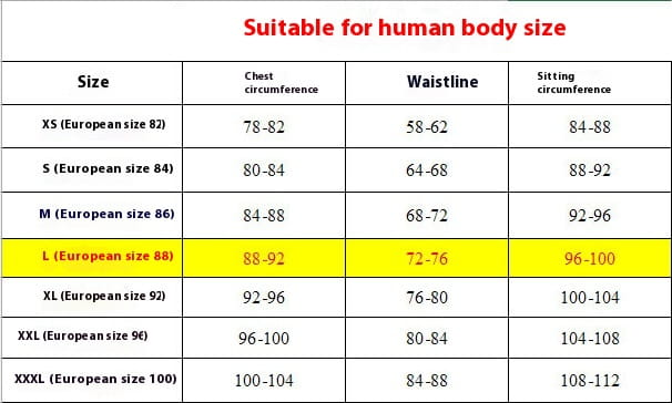 Size chart for plus size black two piece underwear lace set displaying chest circumference waistline and sitting circumference measurements in inches for sizes XS through XXXL.