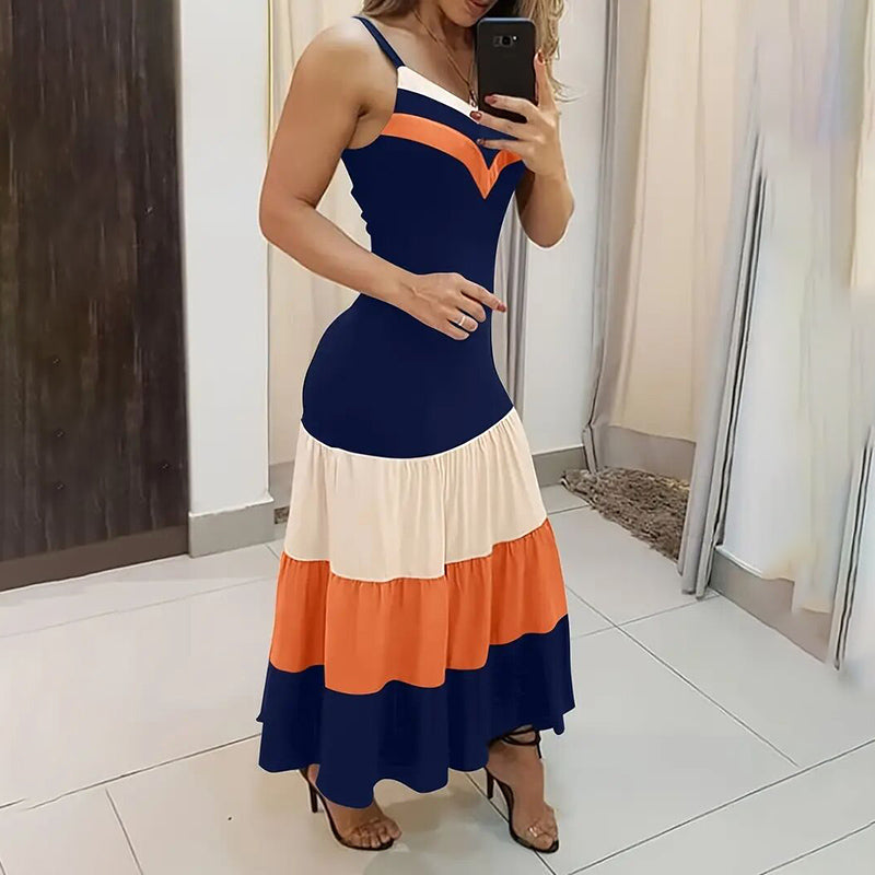 Women's Color Block V Neck Spaghetti Strap Maxi Evening Dress