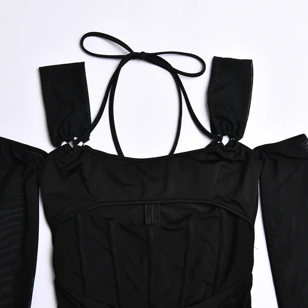 Black off-the-shoulder corset-style top with adjustable tie-back straps and a structured bodice as part of a red two piece sling tight dress fashion mesh set showcasing dress fashion backless design.