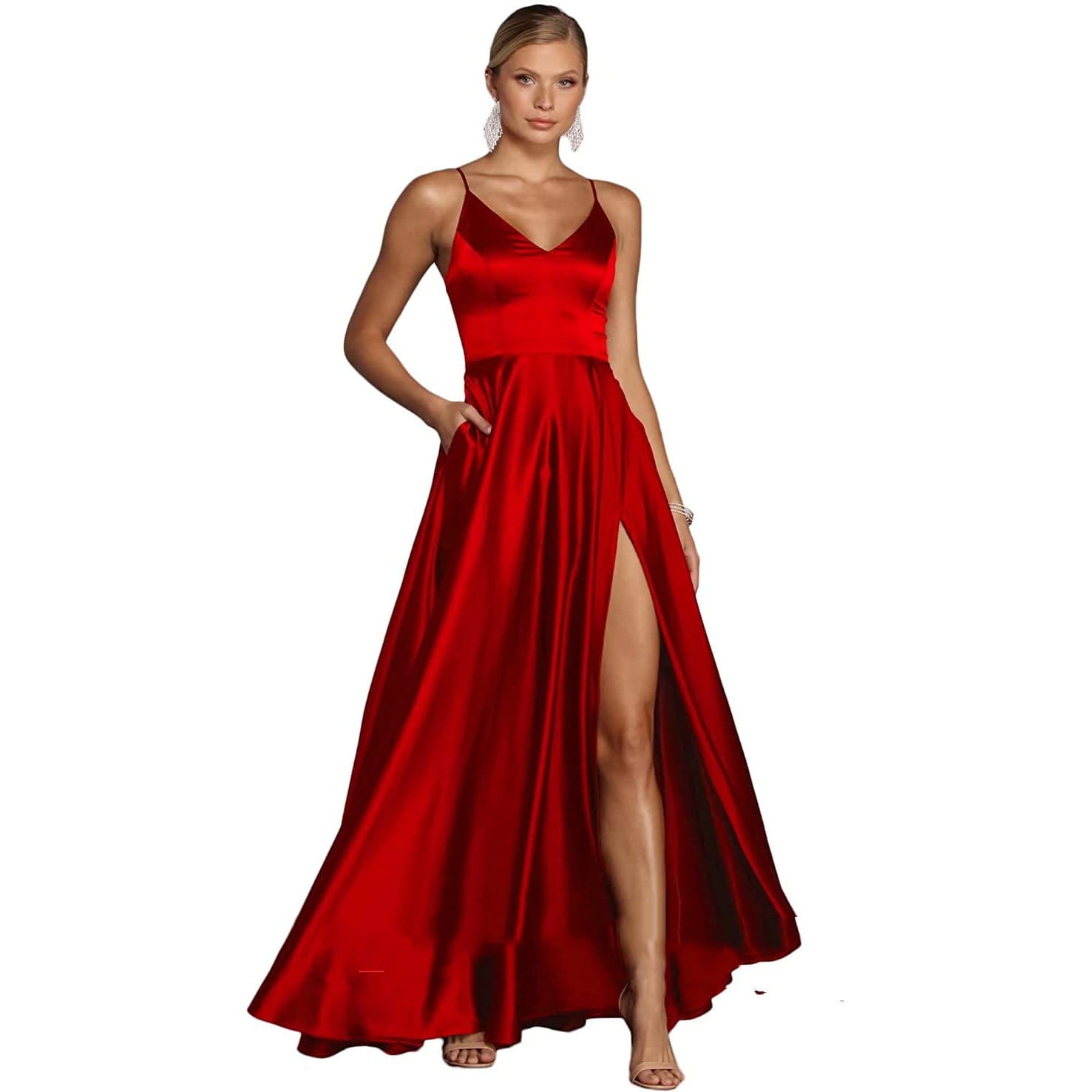 A flowing red satin temperament long dress featuring a v-neckline and high slit ideal for versatile casual temperament occasions.