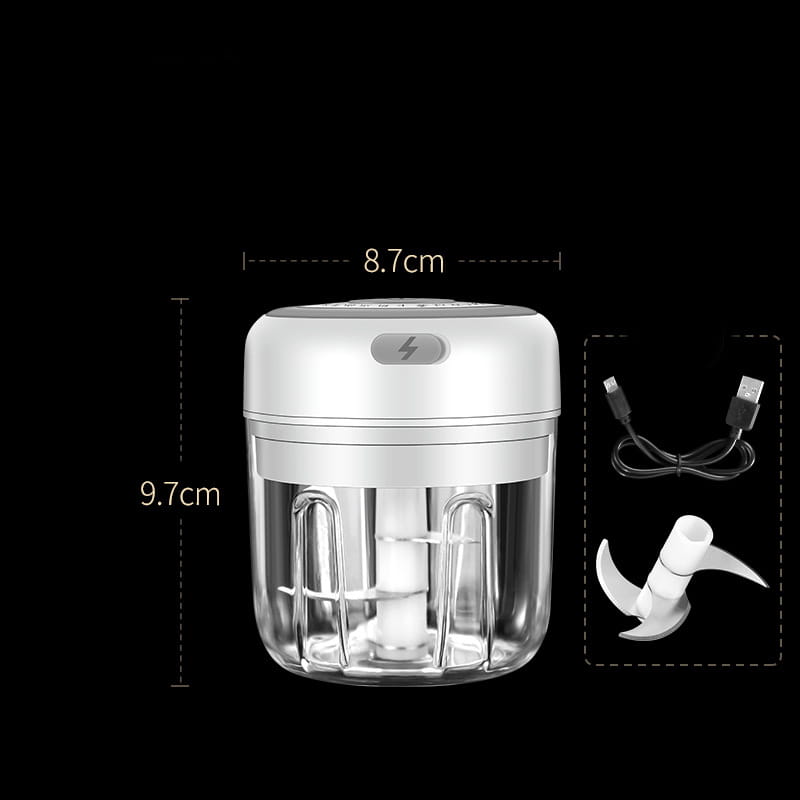 compact white wireless mini baby food supplement electric chopper featuring a usb-powered motor, clear glass container, and stainless steel blades
