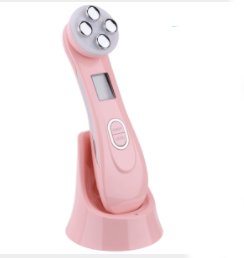 pink handheld mr201wq led photon skin rejuvenation beauty device with four circular treatment heads and a digital display for photon skin treatment