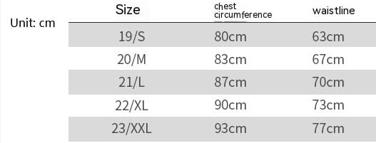 Size chart displaying measurements in centimeters for fruit green fashion personalized long tulle dresses in sizes 19/s to 23/xxl.