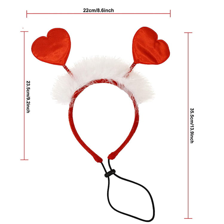 Valentines day pet scarf featuring red heart-shaped ears with white fuzzy trim on a red headband and an adjustable black elastic strap for dog party decorations.