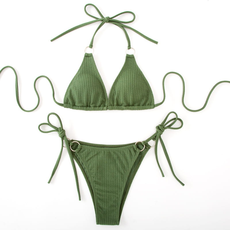Olive green ribbed sexy bikini set with tie-side thong bandage and gold ring accents for bikini set summer.