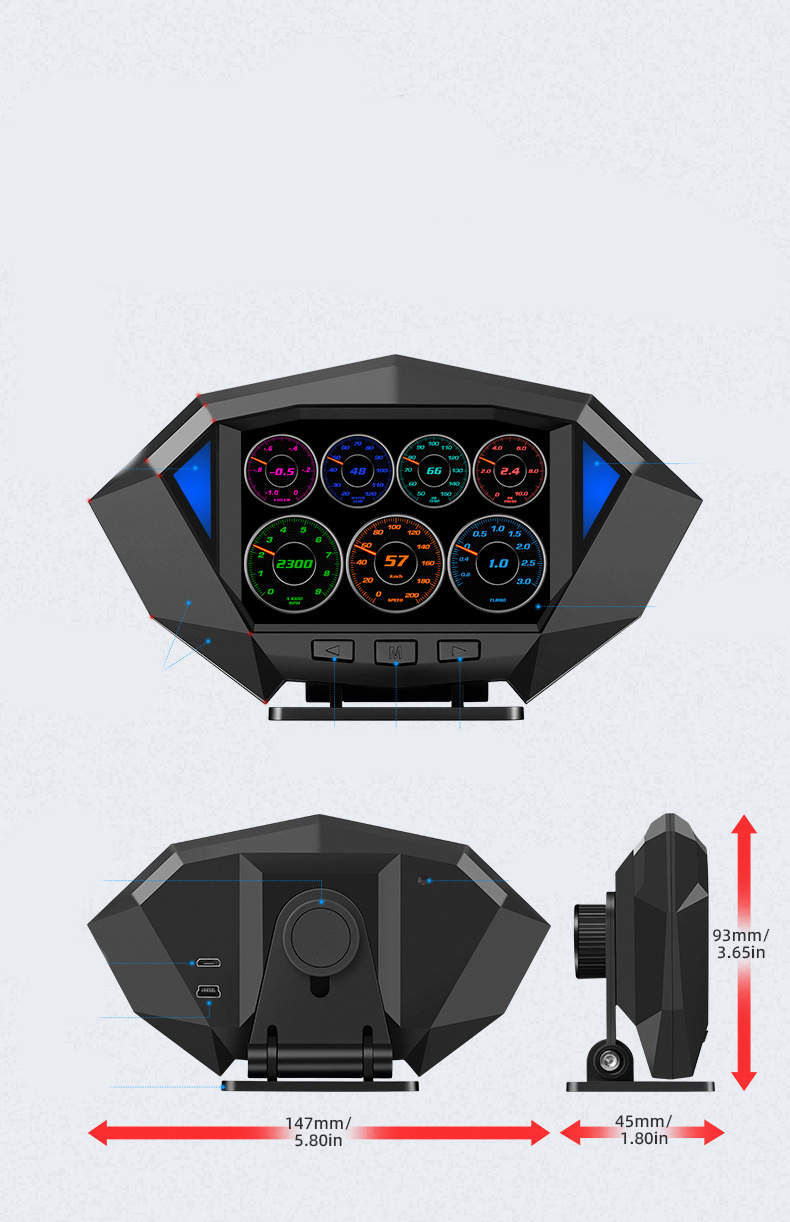 black digital lcd instrument vehicle hud head display with angular design and multi-dial colorful gauges and indicators for vehicle hud head use