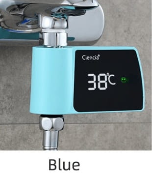 Light blue plastic visual shower digital water heater thermostat with black display showing 38 degrees Celsius for visual shower faucet power consumption water monitoring.
