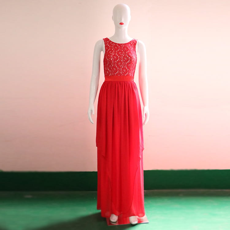 a vibrant red lace spliced chiffon gown featuring a sleeveless design with an intricate lace bodice and a flowing chiffon skirt