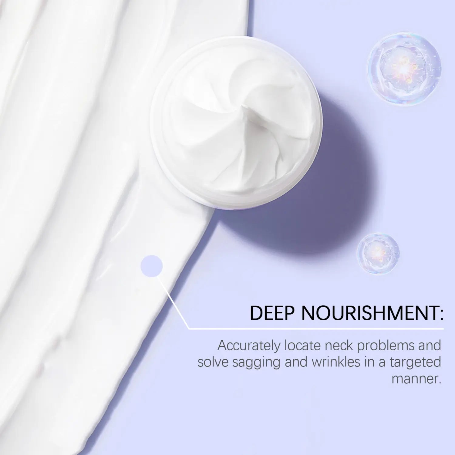 a white creamy anti-aging neck cream in a round container with a smooth glossy finish designed for neck cream smoothing and fine line reduction