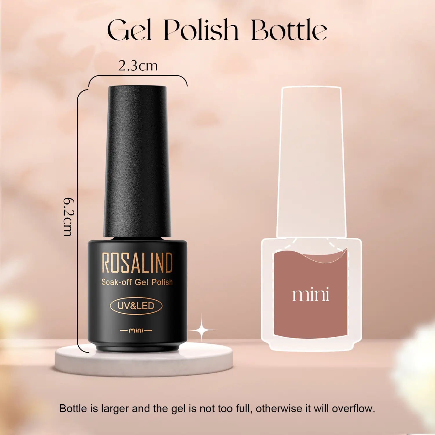 Black rosalind soak-off gel polish bottle with a sleek cylindrical design and uv and led labeling featured in a 38 piece gel polish set with 35 colors and glossy finish.