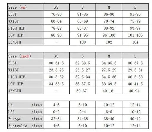 Size chart table displaying bust waist high hip low hip and length measurements in centimeters and inches for women black sexy sleeveless cut out bodycon dress sizes xs to l