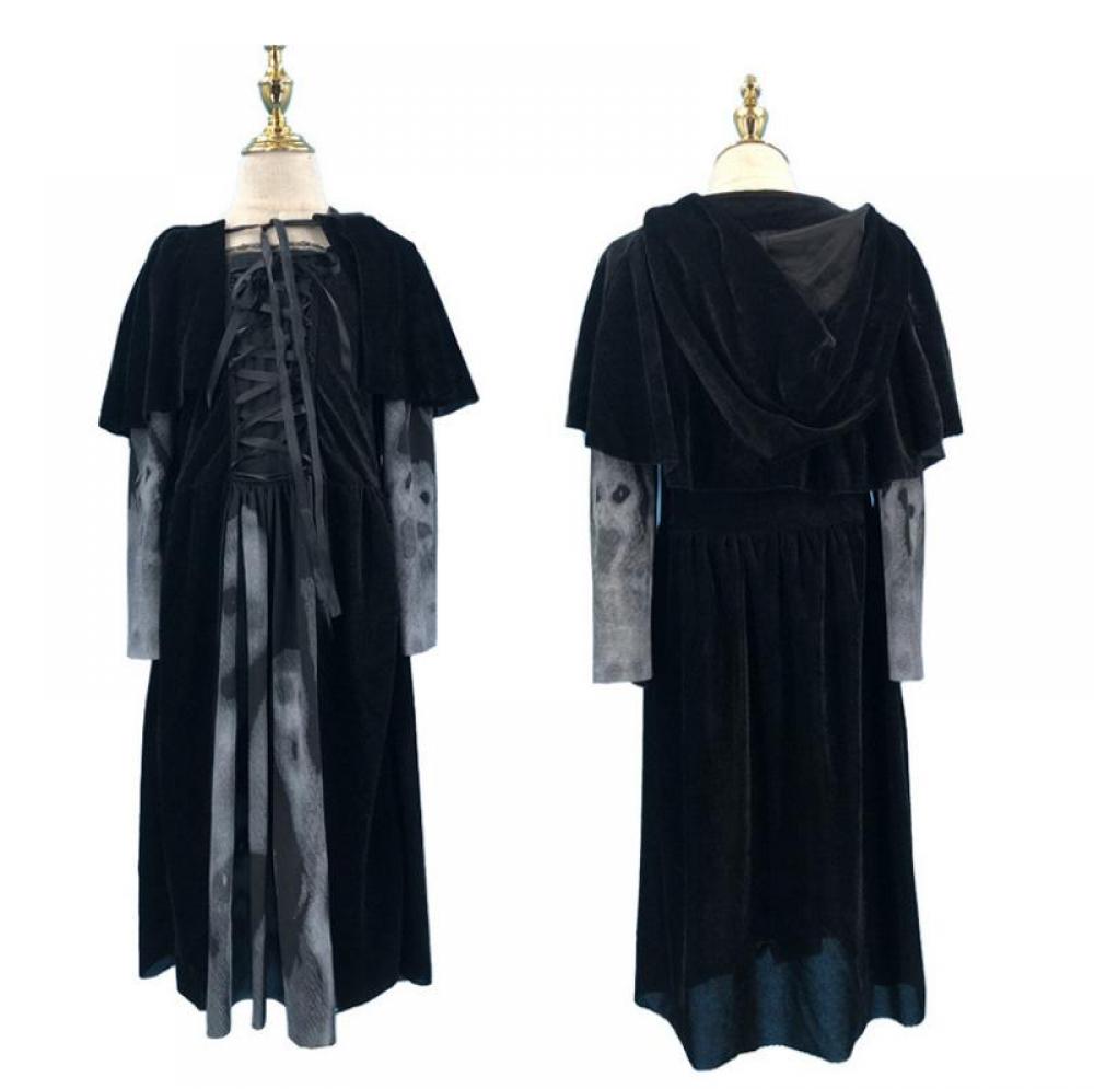 black velvet women medieval gothic cape dress with lace-up front and sheer smoky gray patterned sleeves designed for medieval gothic witch or halloween women medieval occasions