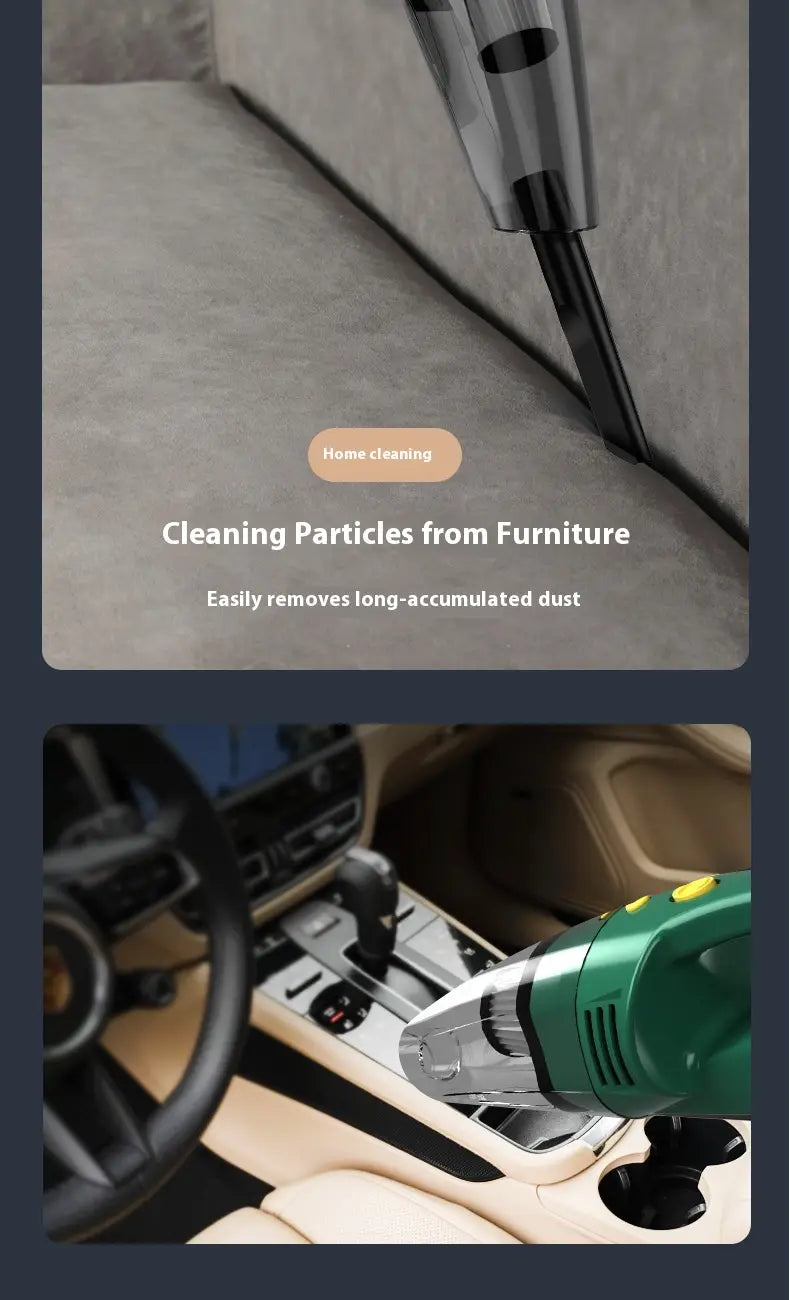 green and silver household small wireless vacuum cleaner with sleek ergonomic design for cleaning furniture and car interiors with hose attachment