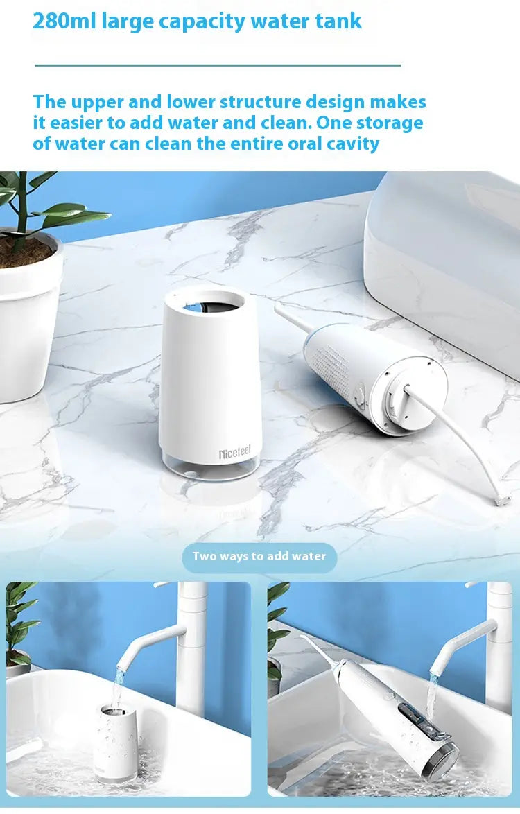 White cylindrical multifunctional water toothpick electric with a sleek modern design and transparent base featuring a digital display
