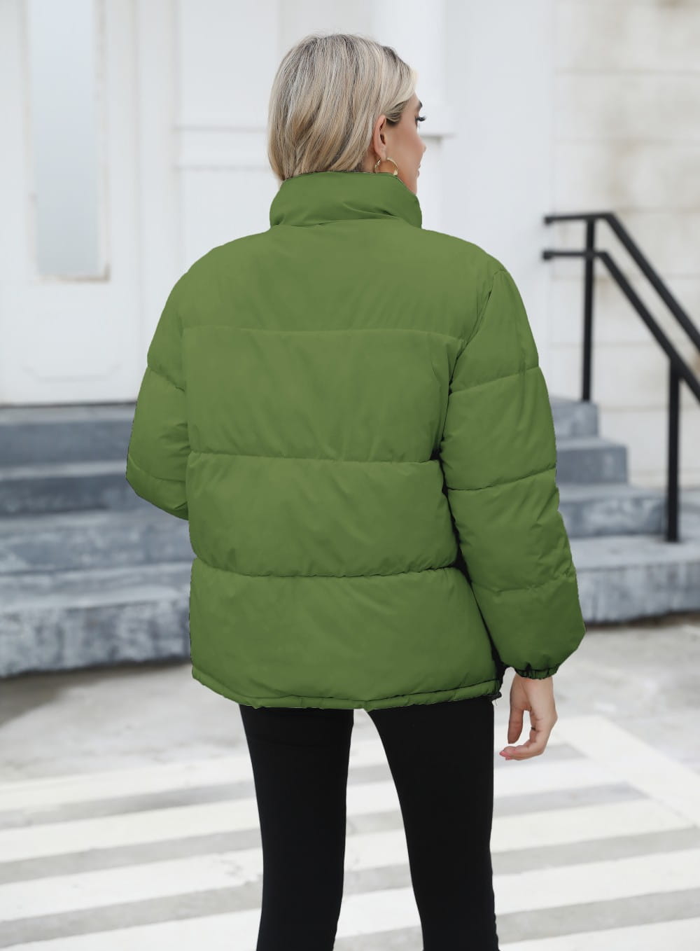olive green puffer jacket with quilted panels and a high collar designed as a women casual windproof winter coat women for everyday use.