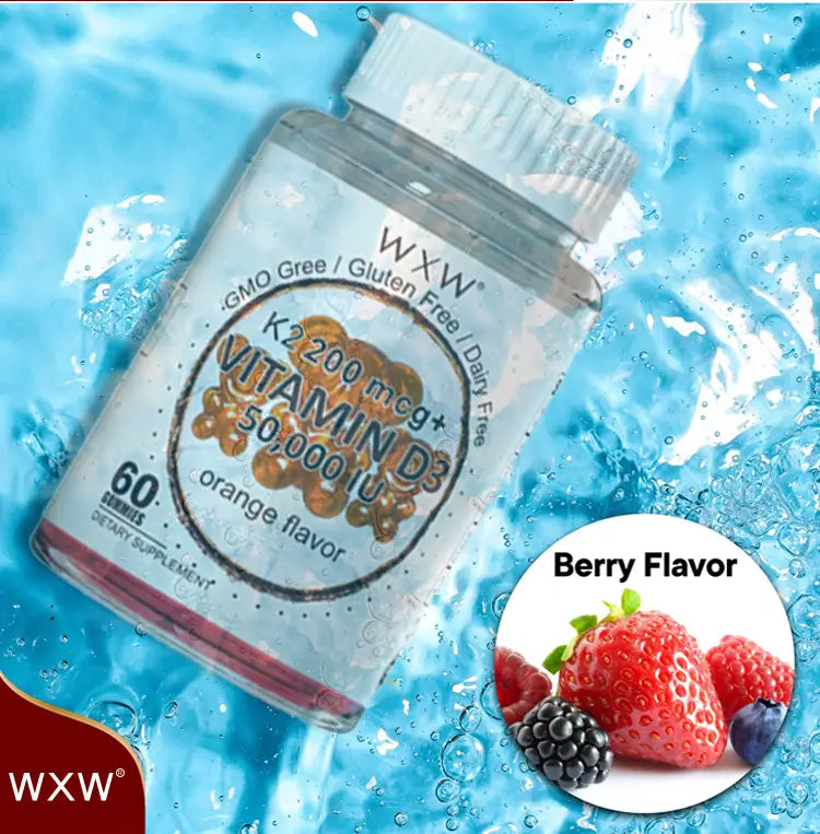 Transparent plastic bottle of wxw brand vitamin d3 k2 supplementing granules soft candy with orange flavor each containing 200 mcg k2 and 50,000 iu vitamin d3 in a 60 count pack.