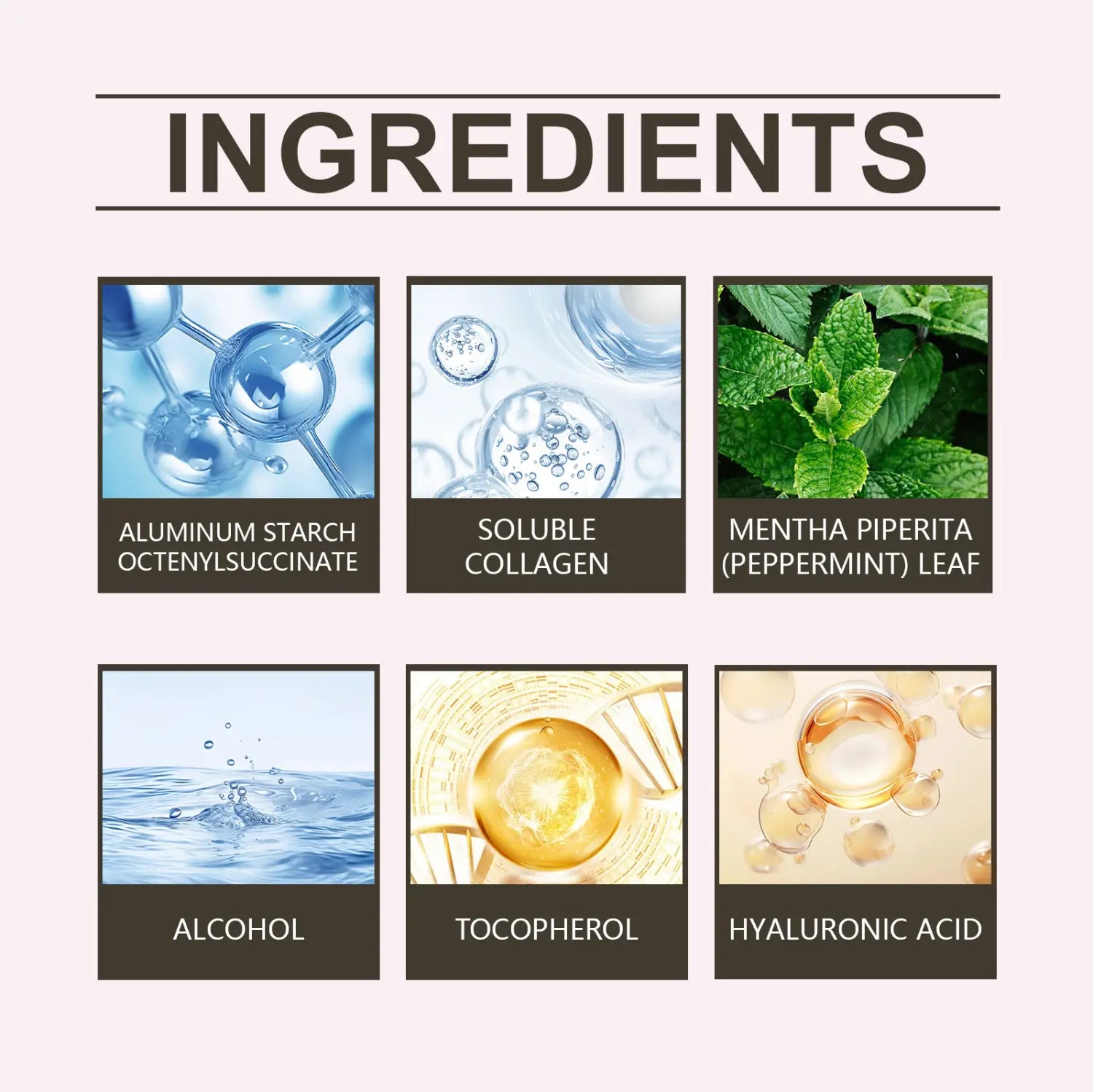 the back side of a nourishing disposable hair care leave-in spray label listing ingredients including aluminum starch octenylsuccinate, soluble collagen, mentha piperita leaf, alcohol, tocopherol, and hyaluronic acid.