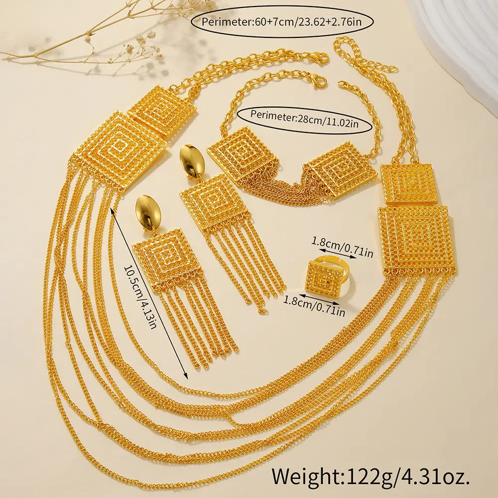 5pcs fashion ladies 18k gold plated jewelry set featuring gold toned geometric designs with intricate square and chain patterns.