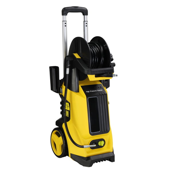 Yellow and black high pressure cleaning machine with a retractable hose reel, wheels for mobility, and an extendable handle for easy pressure cleaning.