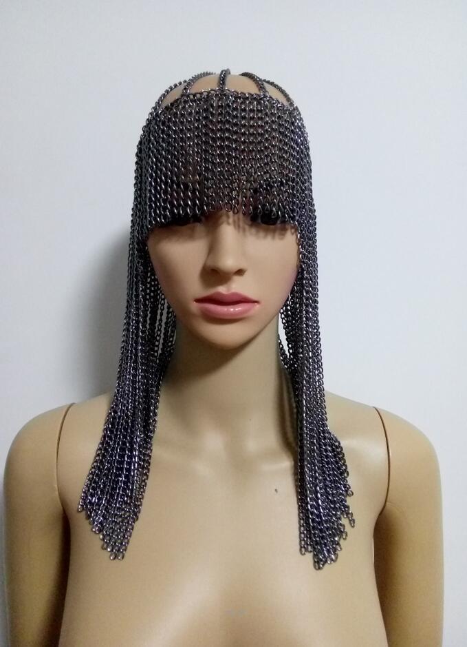 a dark metallic chainmail dome pendant mask featuring cascading strands framing the face as a pendant mask head chain accessory