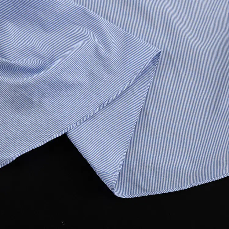 light blue and white striped cotton fabric with a neat folded collar featured in a lace splicing sling vest and big swing skirt set