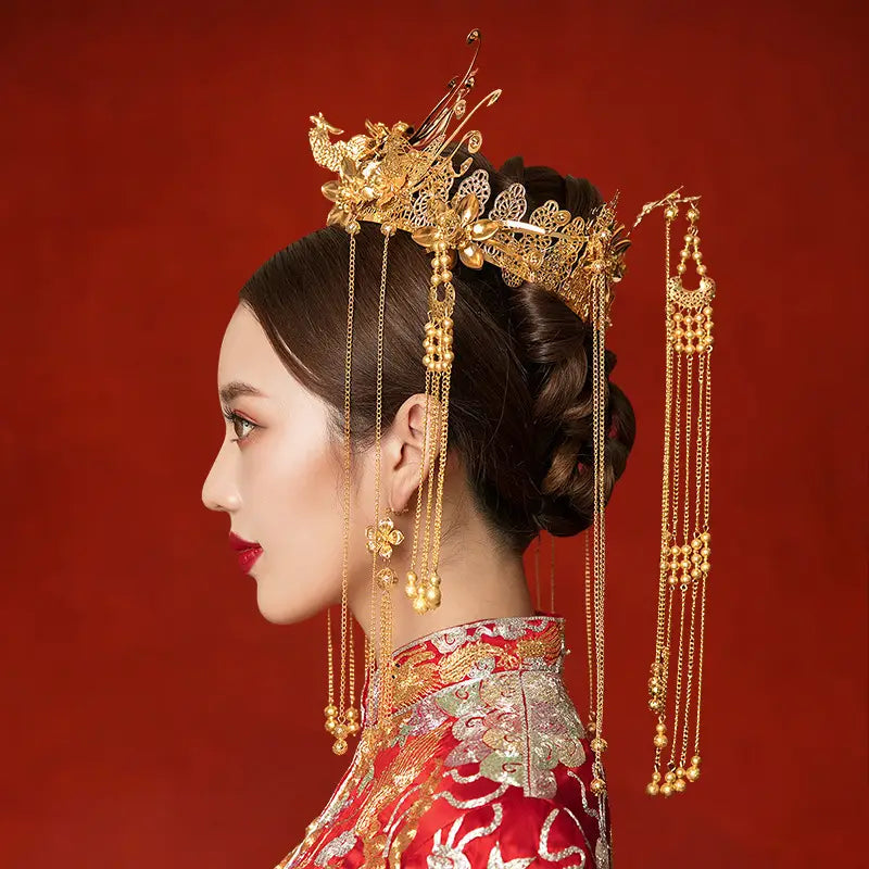 Antique gold filigree bridal hair crown featuring a golden ornate design with intricate dragon and floral filigree and dangling chains adorned with spherical beads, ideal as hair accessories antique and clothing hair accessories.