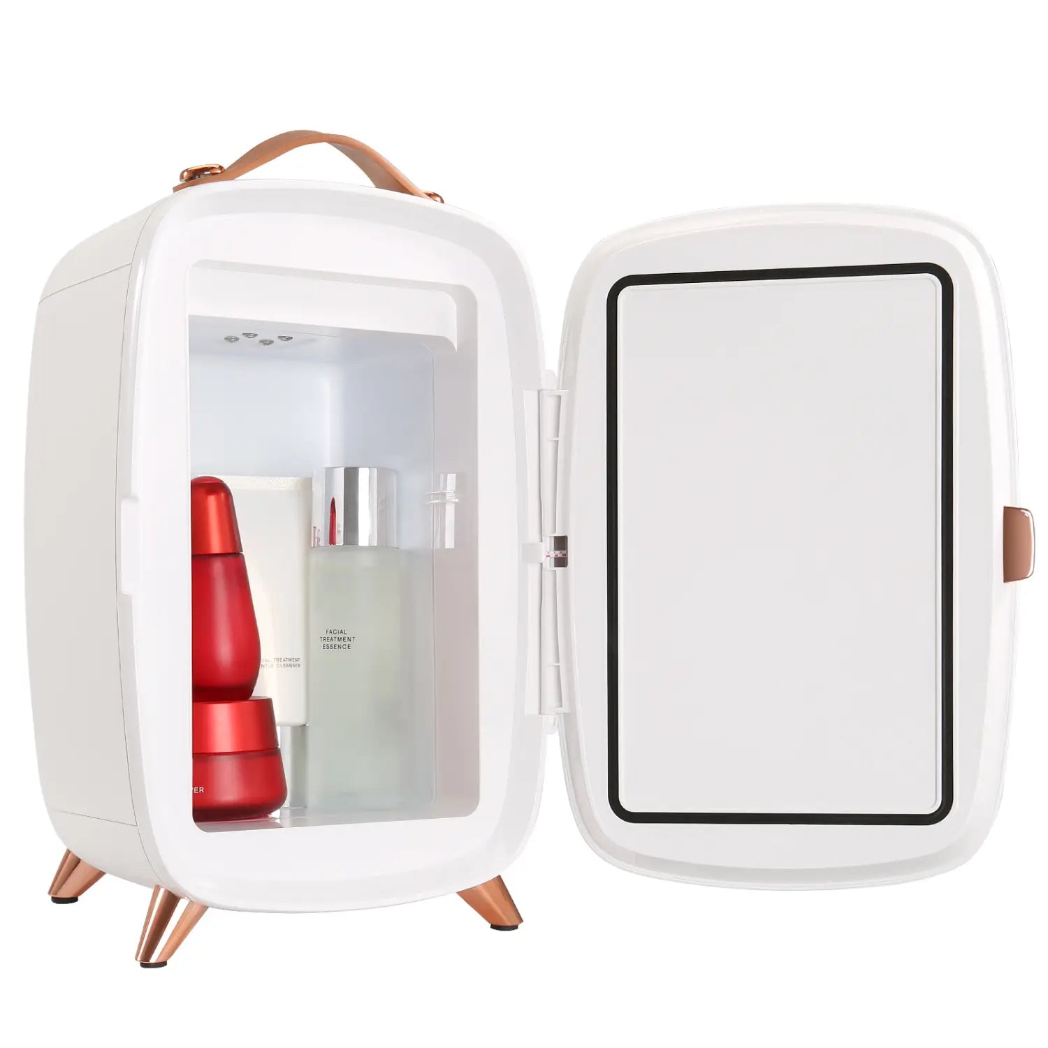 Luxury skin care 6l mini fridge with mirror door, white compact refrigerator with rose gold accents, handle on top, and four matching feet, ideal as a vevor mini fridge and skin care fridge.