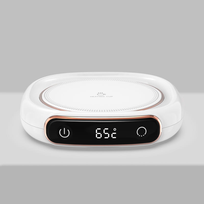 white ceramic milk heating insulation base desktop with rose gold trim and digital display showing 65°c for precise temperature control
