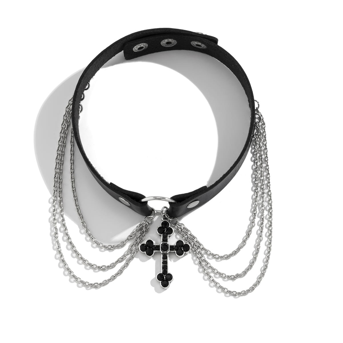 black leather choker with silver alloy necklace cross pendant and silver chains made of pu alloy jewelry