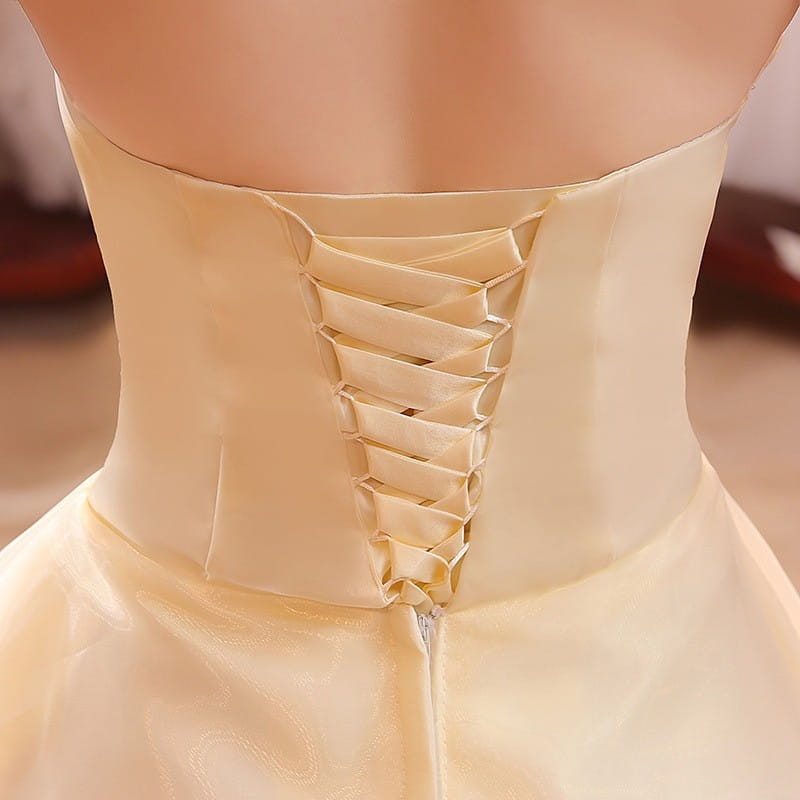 back view of cream satin bustier korean princess wedding dress featuring elegant corset lacing detail and beaded tulle accents
