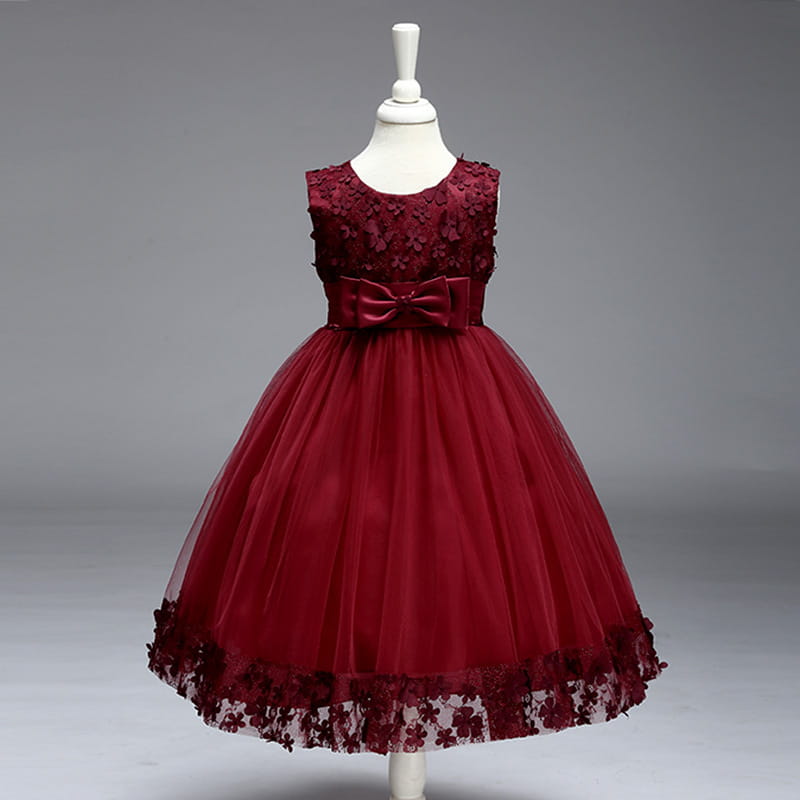 A maroon lace and tulle kids girls princess dress with floral patterns and a satin bow at the waist ideal for a summer skirt kids occasion.