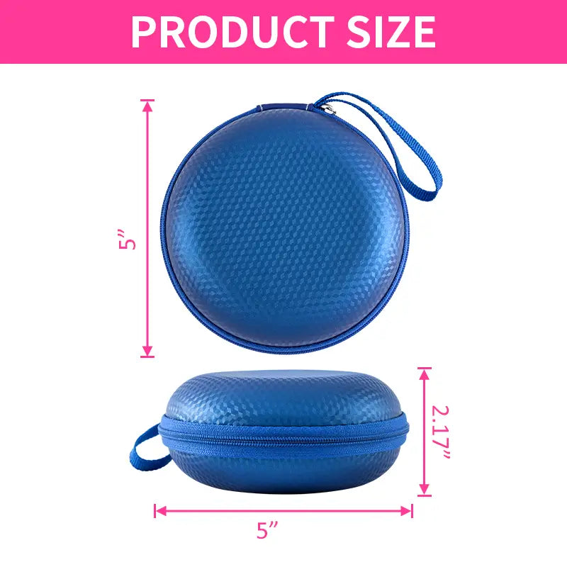 blue and silver round bag mirror case featuring a blue circular hard-shell textured surface with zipper closure and small fabric loop handle