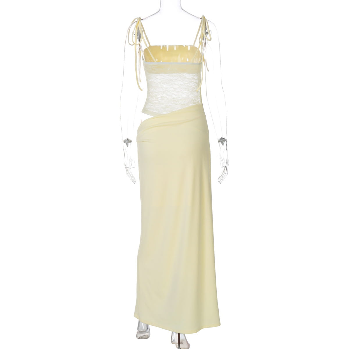 A pale yellow two-piece lace suspender dress featuring a sheer lace bodice and flowing skirt in y2k lace style.
