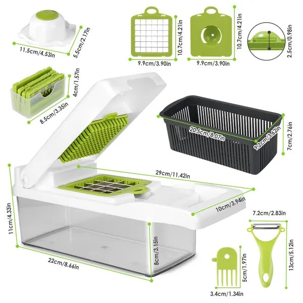 12-in-1 Vegetable Chopper with Container - Food Slicer, Dicer & Grater Kitchen Set