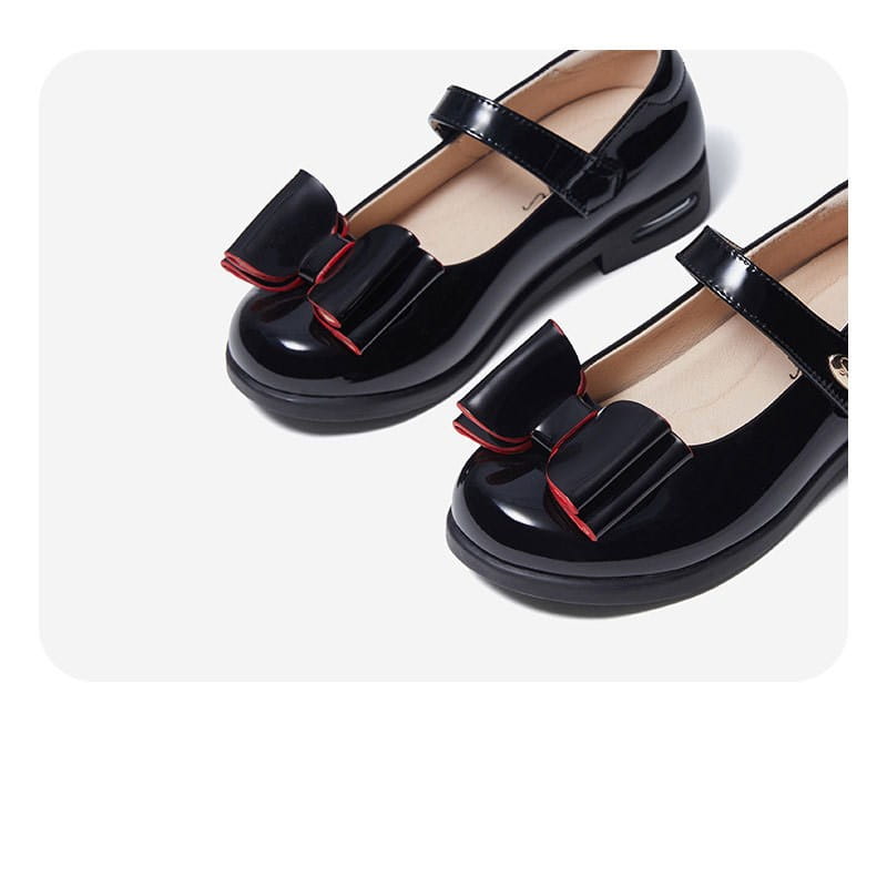 black patent leather girl shoes princess with red-trimmed bows featuring a classic mary jane design