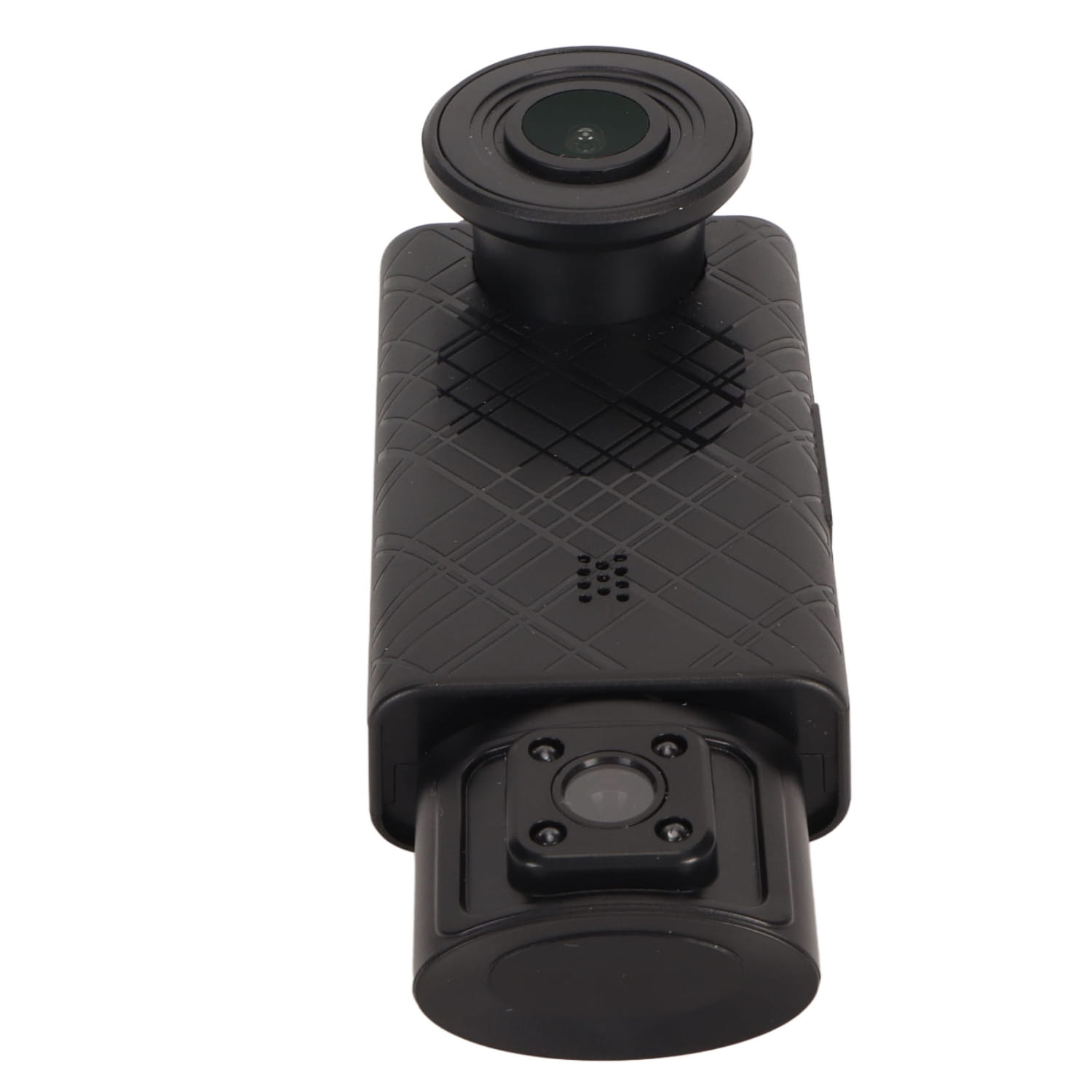 black textured 3 channel dash cam with circular lens on top and mounting hardware at the bottom featuring night vision and rear cabin view for motion detection and enhanced vehicle security