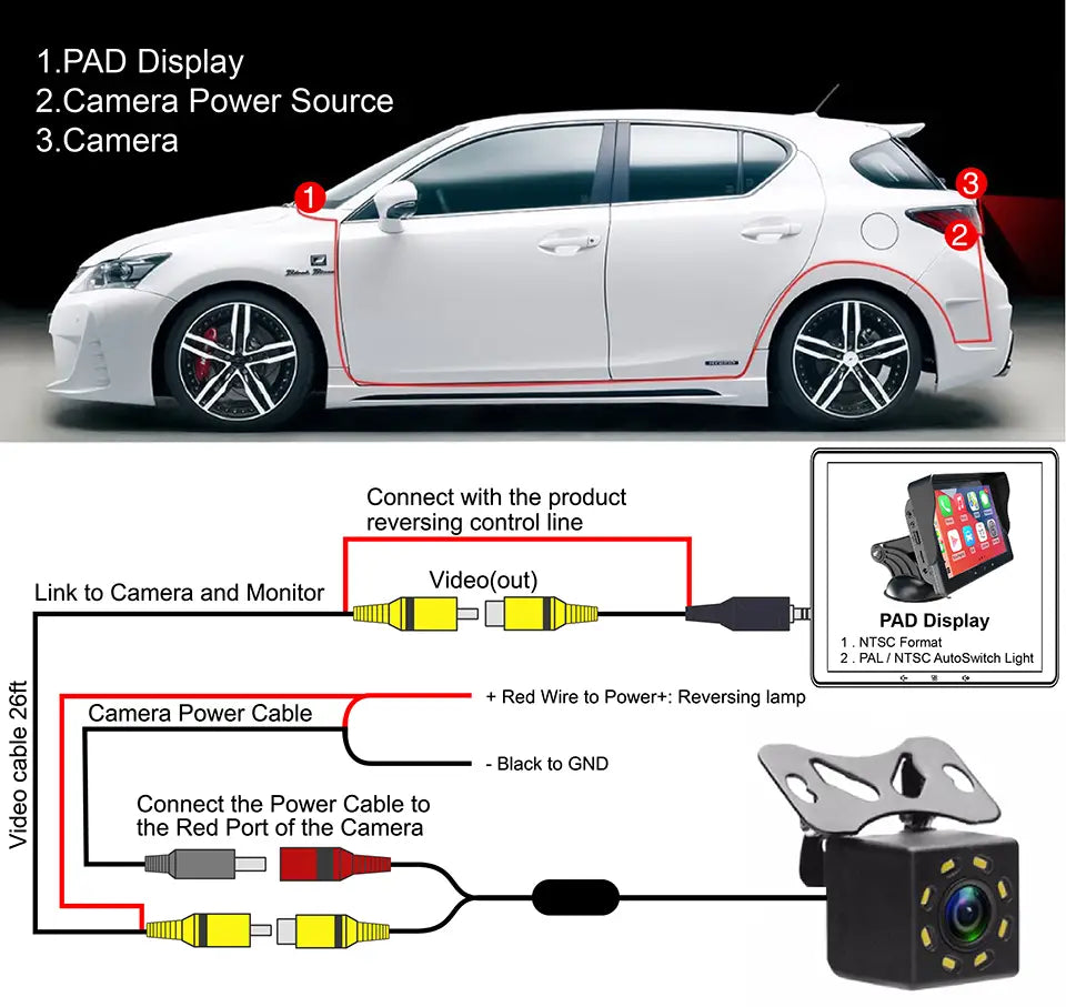 black cube-shaped rear camera with yellow led lights around the lens for 7 inch wireless carplay display with cigarette lighter car wireless carplay integration