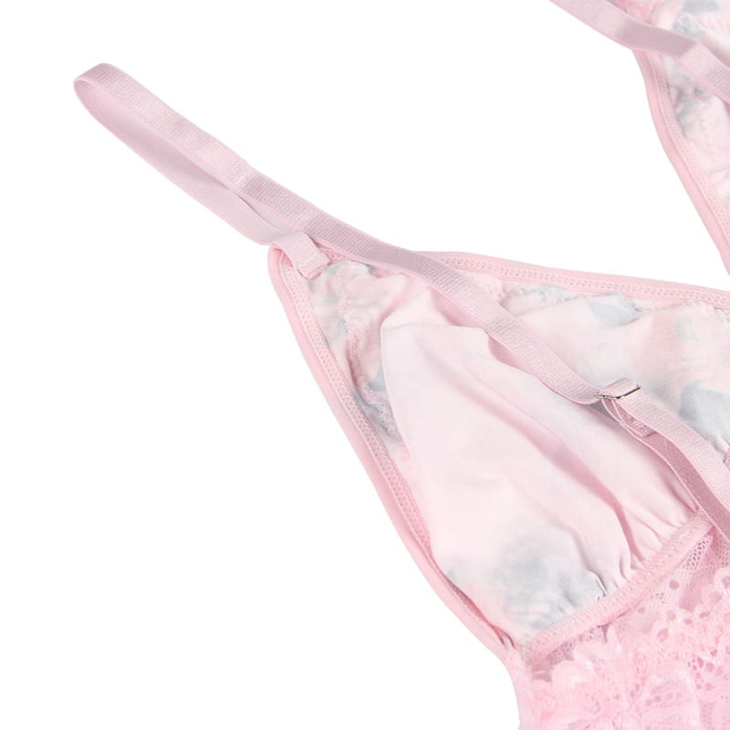 plus size embroidery patchwork lace pink thong featuring soft sheer fabric and delicate floral pattern