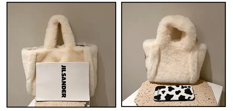 Cream-colored faux fur tote bag with plush fluffy texture and structured handles designed as a chain plush handbag perfect for winter bags chain style.