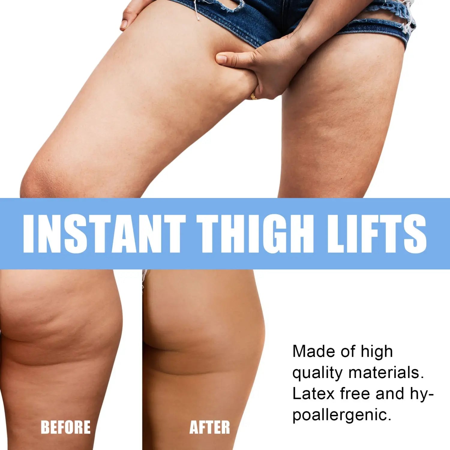 a pair of denim shorts with frayed distressed edges shown alongside a transparent thigh lifting tape 10 piece pack for effective thigh lifting and support
